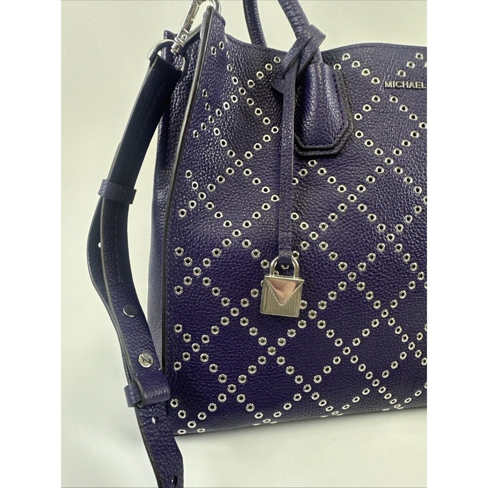 Michael Kors Mercer Stud and Grommet Large Convertible Leather Tote Purple Key - Picture 2 of 15